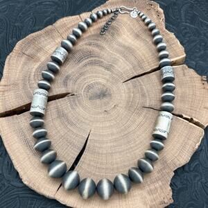 ROSE MARTIN Navajo Sterling Silver Handmade Beaded Necklace Stamped Barrels 22"